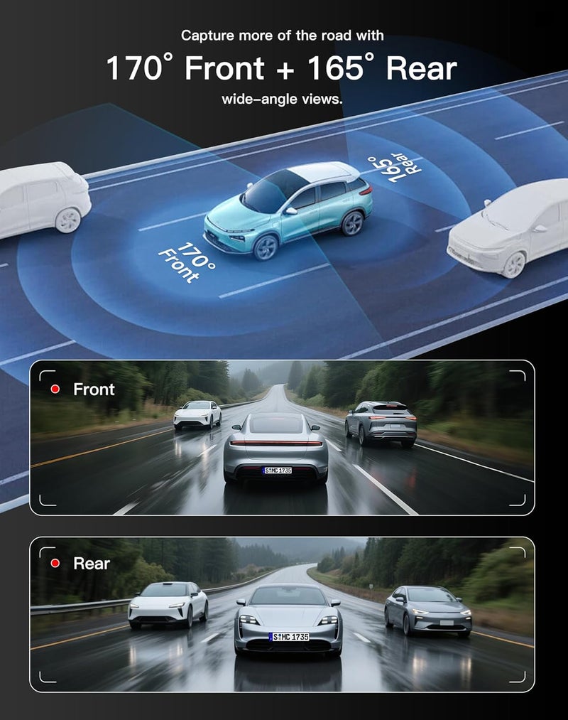 virrow Dash Cam Front and Rear: 4K+2.5K Dash Camera for Cars with Touch Screen 3.39" - Dashcam with WiFi APP Control 64GB Parking Mode Night Vision Loop Recording Emergency Lock (X5) - Image 3